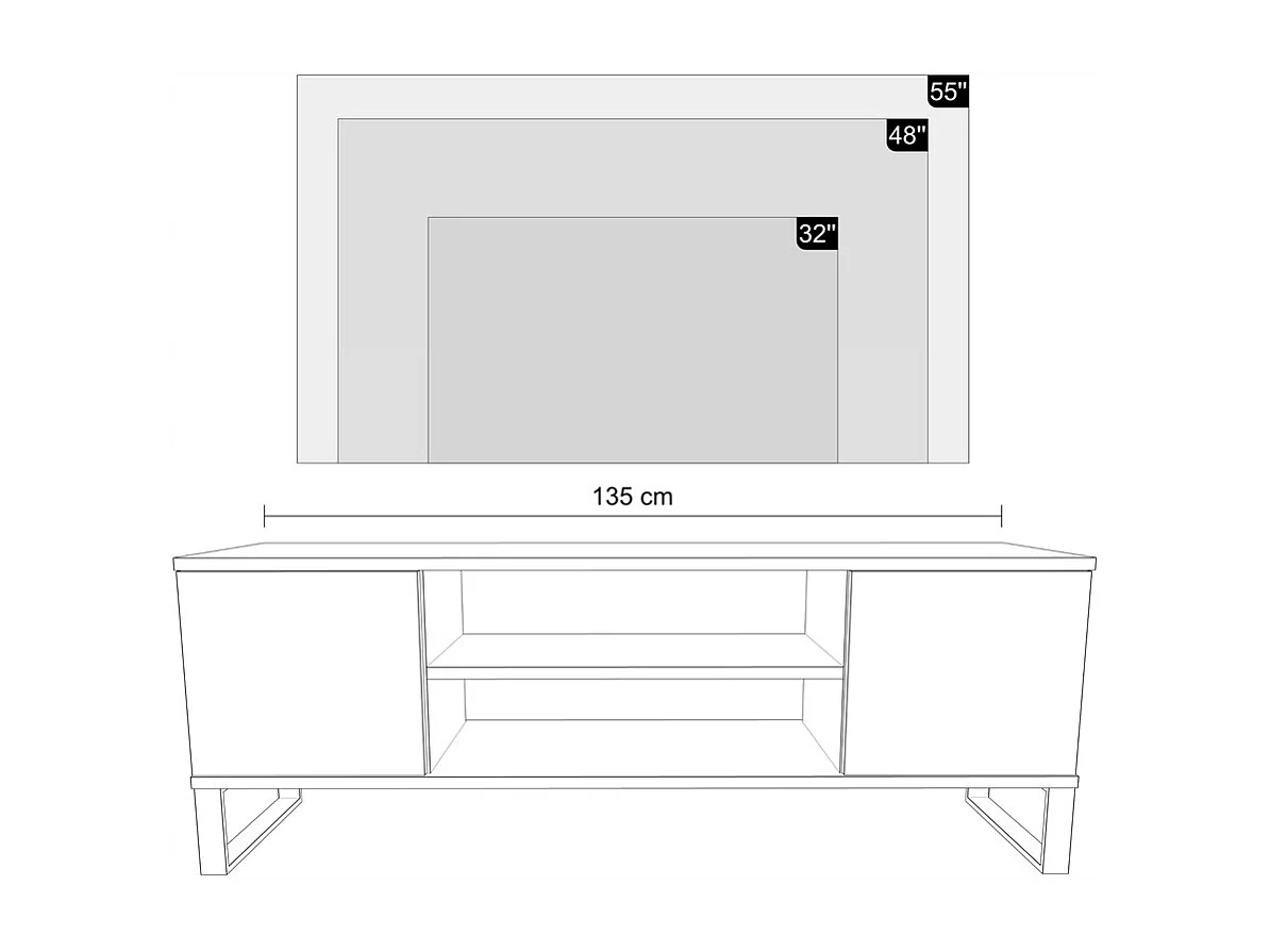Mueble de TV 135 cm Color Roble artesanal Geometrico– Estilo Escandinavo con Estante Central, Armarios con Cerradura y Patas Metálicas, 135x40x49 Cm