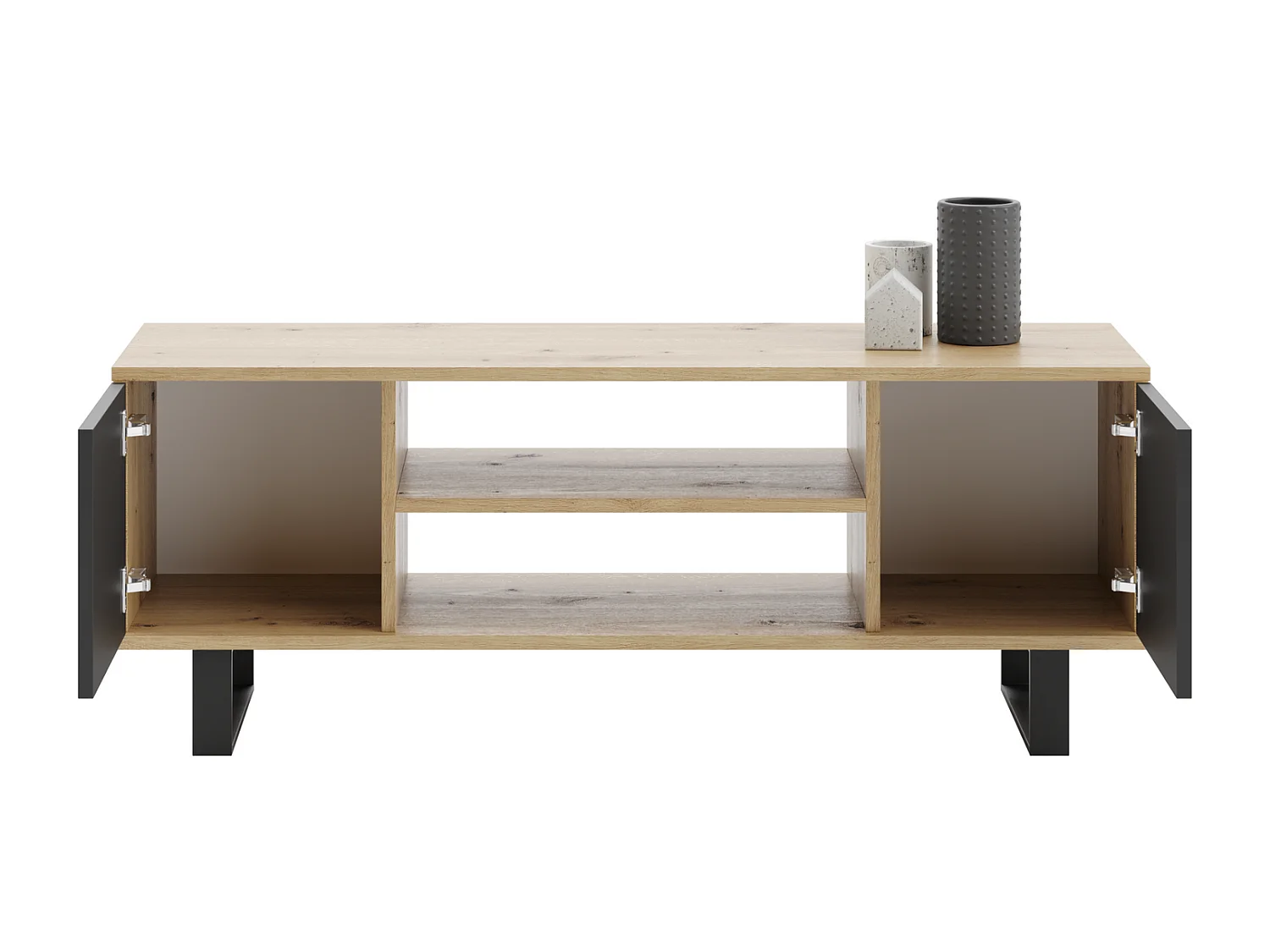 Mueble de TV 135 cm Roble Artisan - Negro – Estilo Escandinavo con Estante Central, Armarios con Cerradura y Patas de Metálicas, 135x50x40 cm