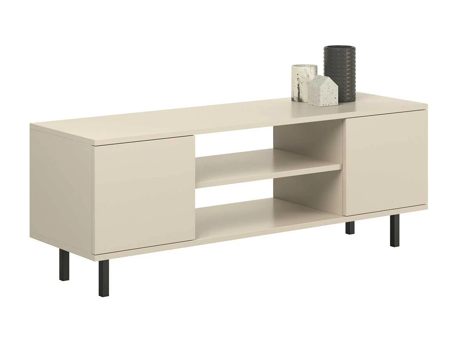 Mueble de TV 155 cm Color Cachemir– Estilo Escandinavo con Estante Central, Armarios con Cerradura y Patas Negras, 155x40x48 Cm