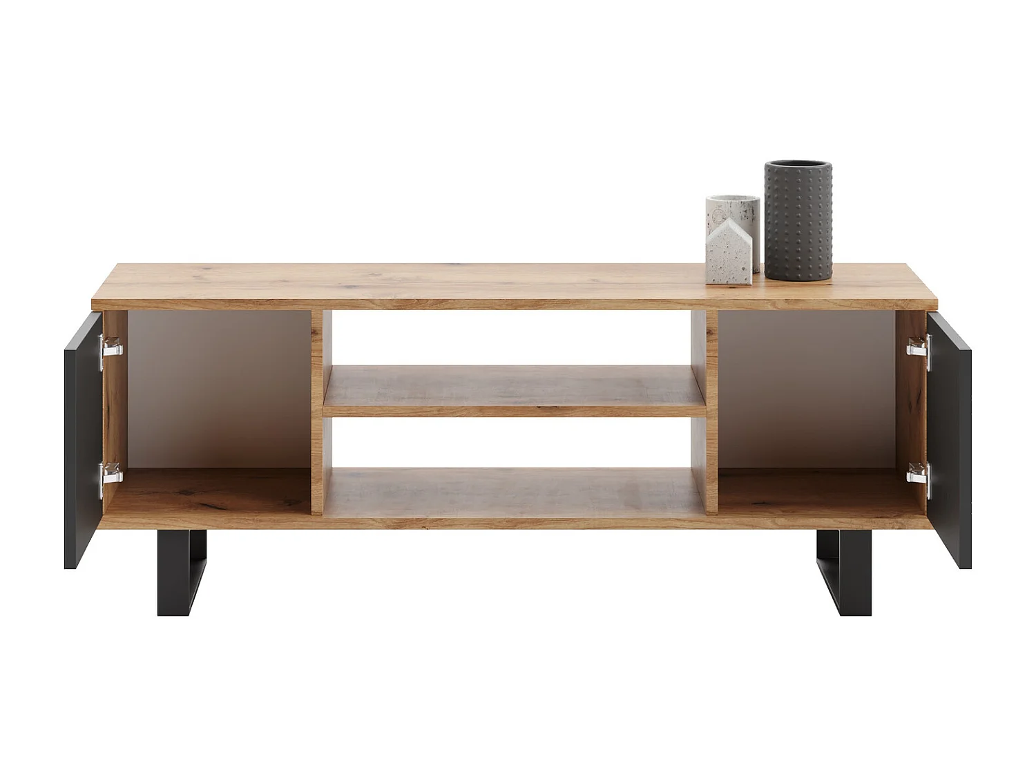 Mueble de TV 135 cm Roble loft craft -Negro – Estilo Escandinavo con Estante Central, Armarios con Cerradura y Patas de Metálicas, 135x50x40 cm