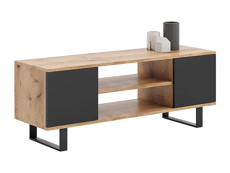 Mueble de TV 135 cm Roble loft craft -Negro – Estilo Escandinavo con Estante Central, Armarios con Cerradura y Patas de Metálicas, 135x50x40 cm