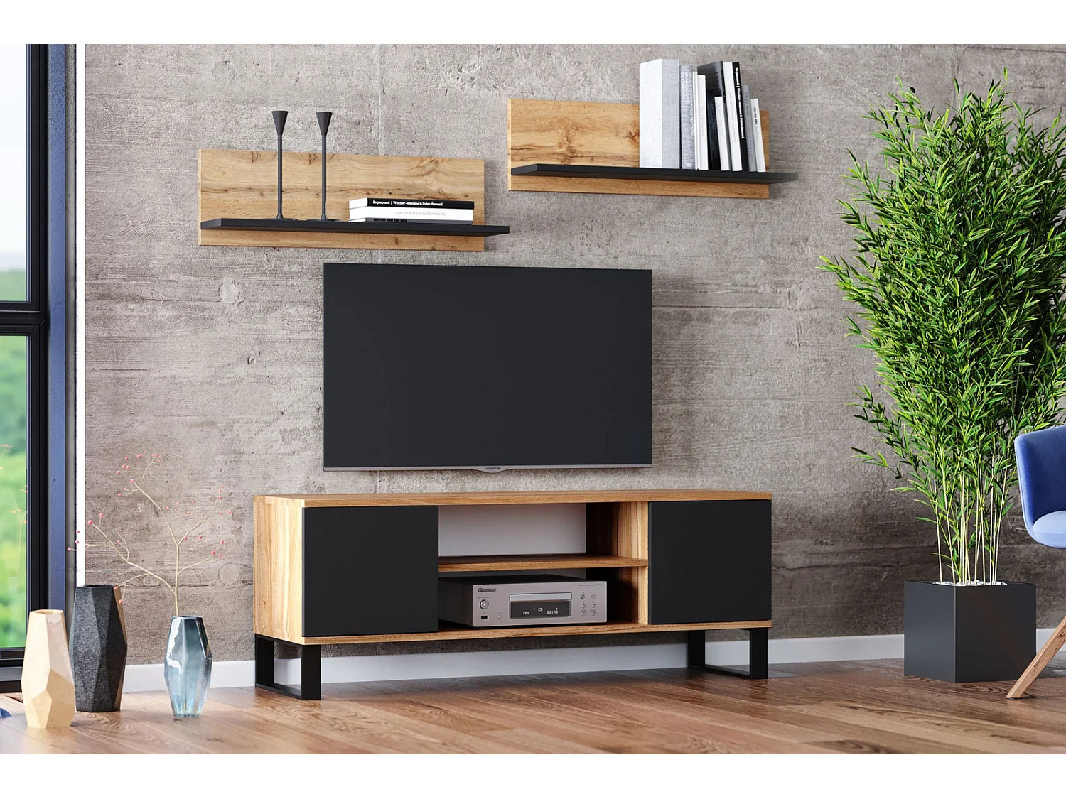 Mueble de TV 155 cm Color Roble craft - negro – Estilo Escandinavo con Estante Central, Armarios con Cerradura y Patas Metálicas, 155x40x50 Cm