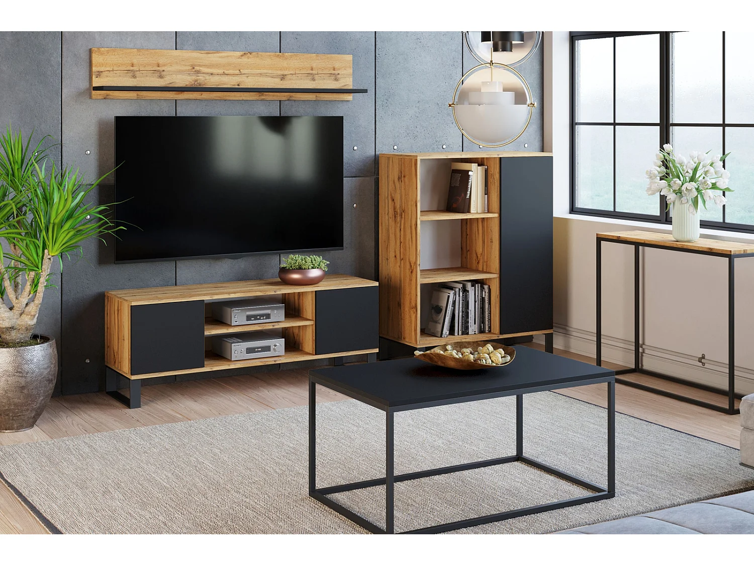 Mueble de TV 155 cm Color Roble craft - negro – Estilo Escandinavo con Estante Central, Armarios con Cerradura y Patas Metálicas, 155x40x50 Cm