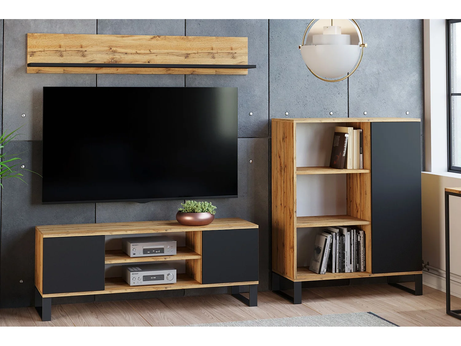 Mueble de TV 155 cm Color Roble craft - negro – Estilo Escandinavo con Estante Central, Armarios con Cerradura y Patas Metálicas, 155x40x50 Cm