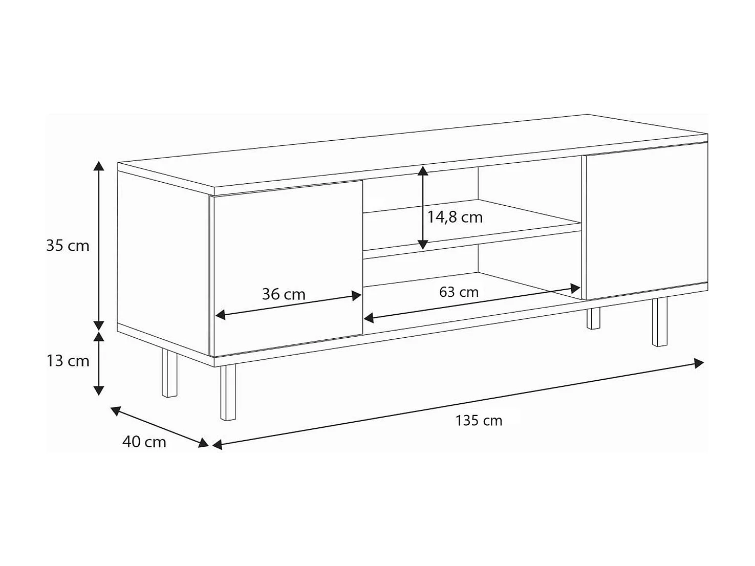 Mueble de TV 135 cm Color Cachemir– Estilo Escandinavo con Estante Central, Armarios con Cerradura y Patas Negras, 135x40x48 Cm