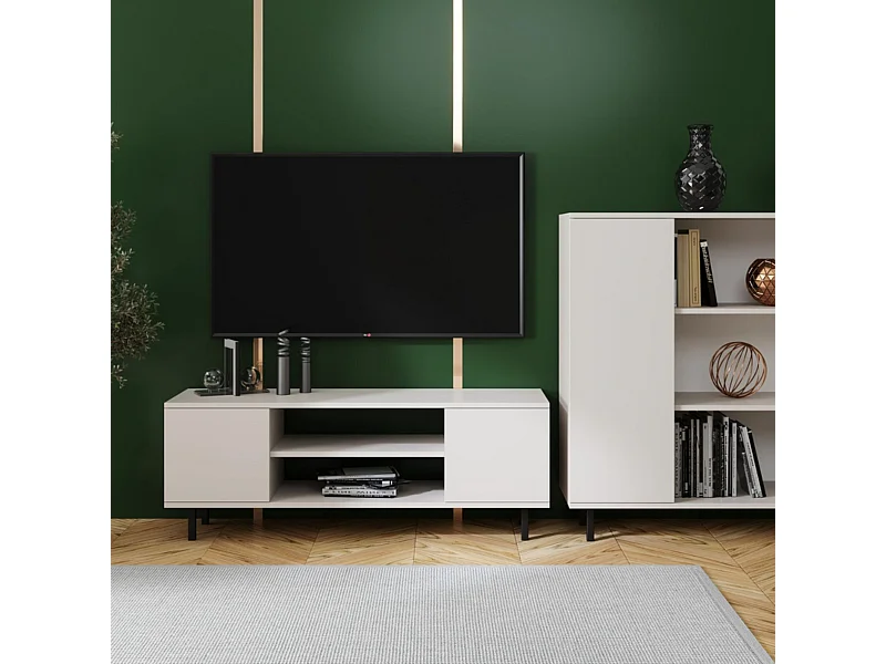 Mueble de TV 135 cm Color Cachemir– Estilo Escandinavo con Estante Central, Armarios con Cerradura y Patas Negras, 135x40x48 Cm