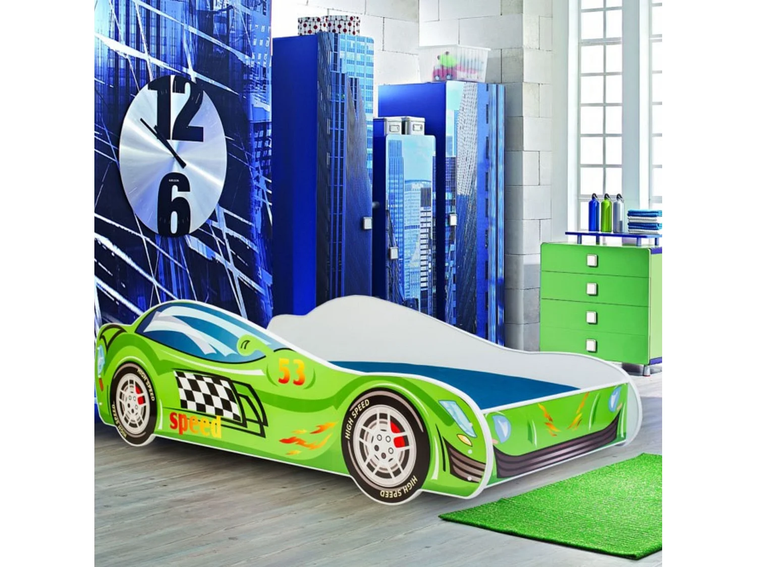 Cama Infantil en Forma de Coche Color Verde 160x80 cm con Colchón – Diseño Deportivo para Niños, Estructura Resistente, Fácil Montaje