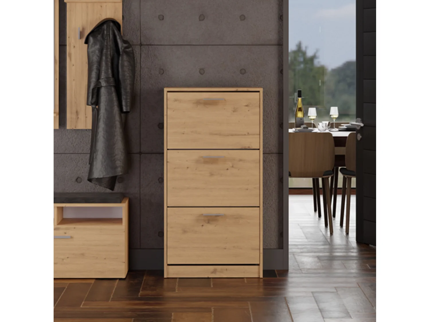 Mueble Zapatero Color Roble Artesano 116x60x28 cm  – 3 Puertas Abatibles – Ideal para Entrada o Dormitorio