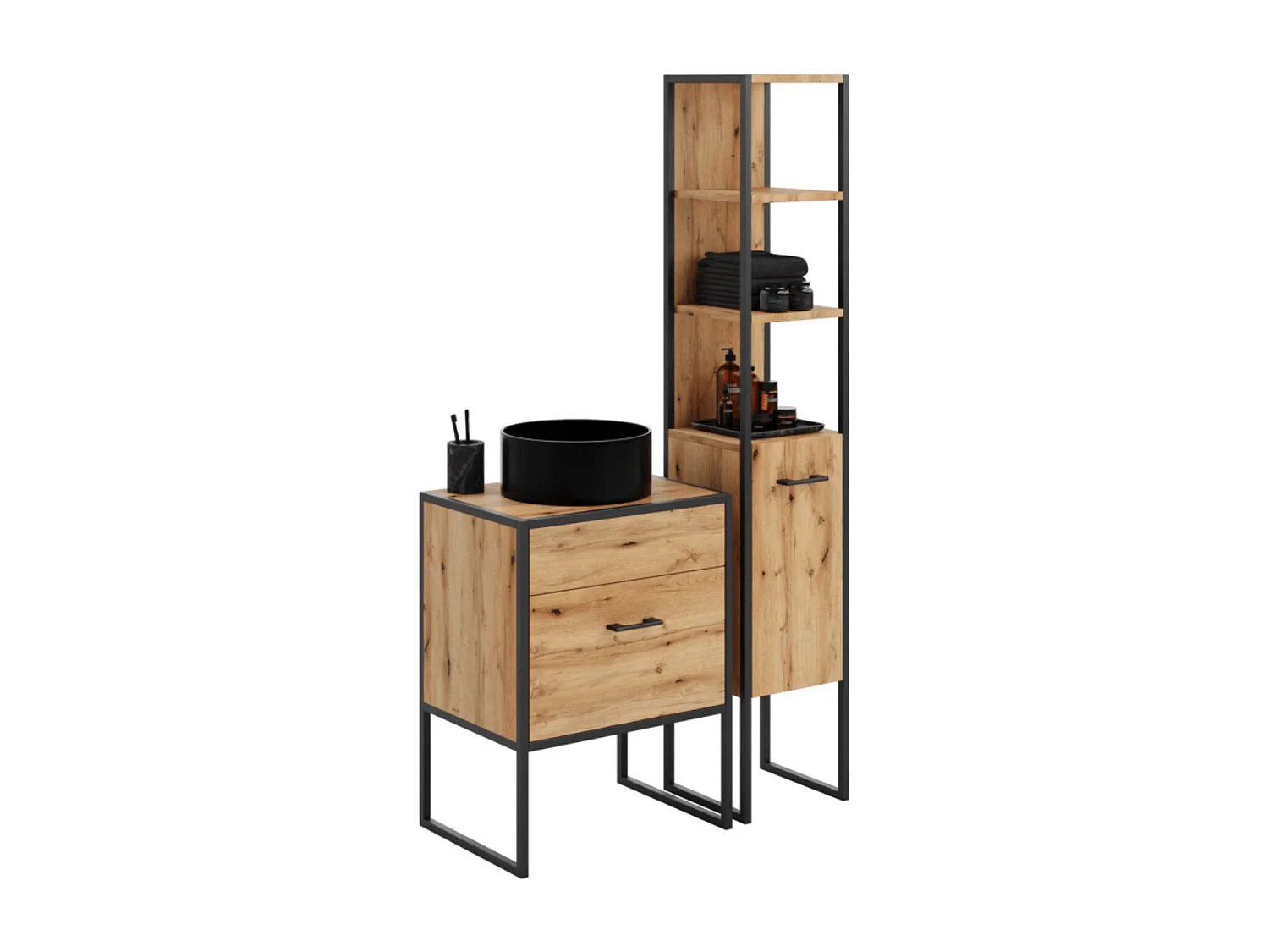 Conjunto de Muebles de Baño Roble Artesanal y Negro – Mueble Lavabo 80x60x45,5 cm + Columna 180x33x33 cm, Estructura de Acero Macizo