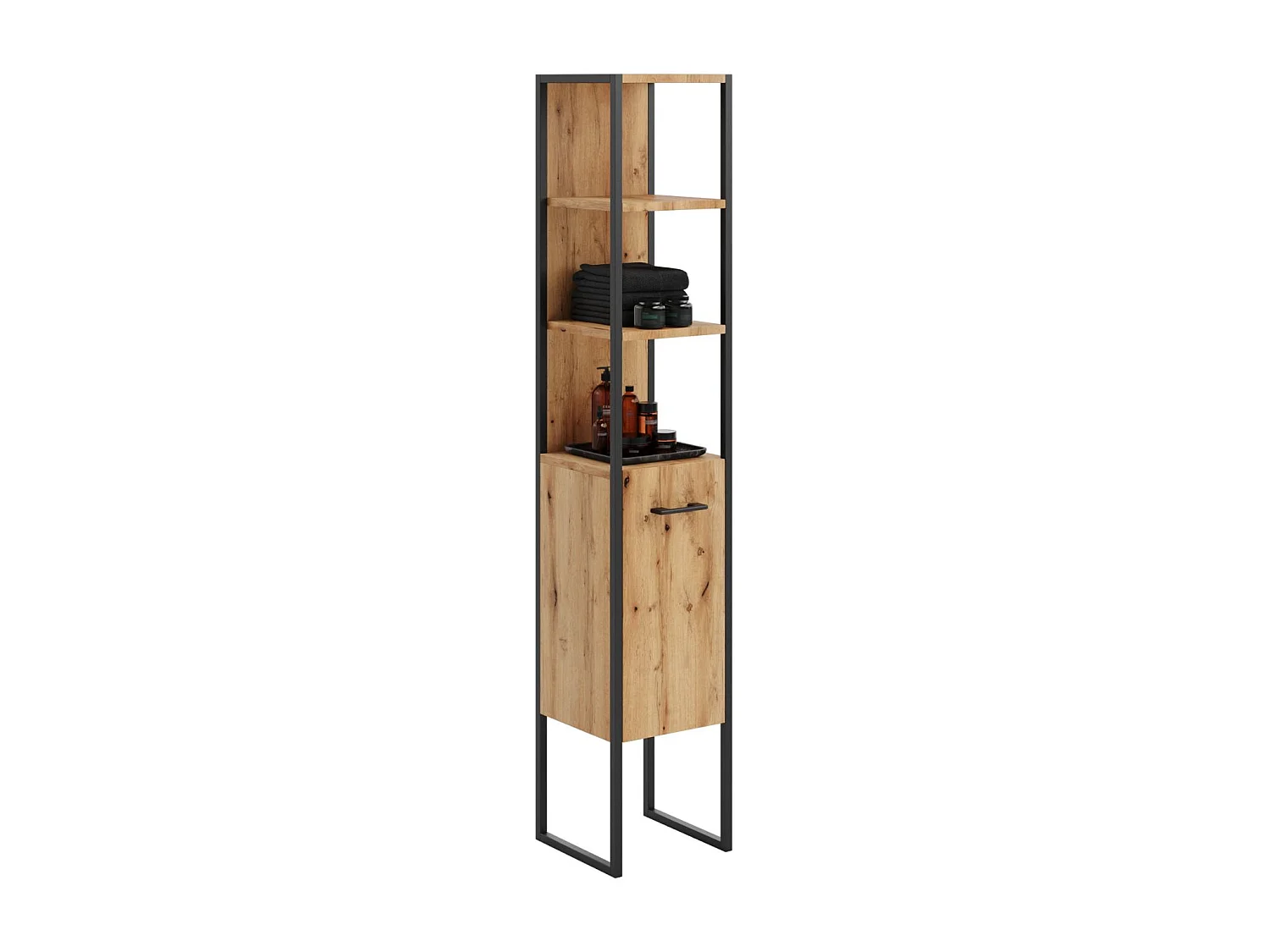Conjunto de Muebles de Baño Roble Artesanal y Negro – Mueble Lavabo 80x60x45,5 cm + Columna 180x33x33 cm, Estructura de Acero Macizo