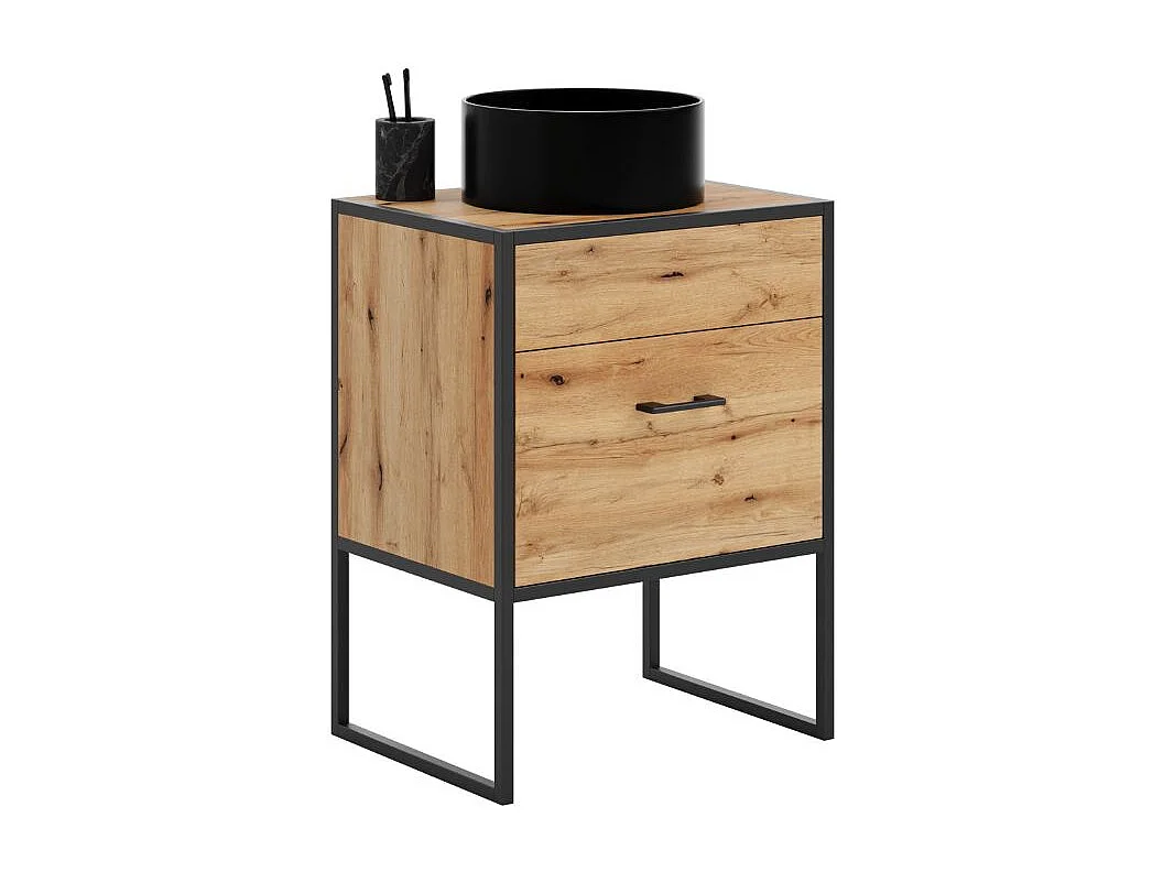 Conjunto de Muebles de Baño Roble Artesanal y Negro – Mueble Lavabo 80x60x45,5 cm + Columna 180x33x33 cm, Estructura de Acero Macizo