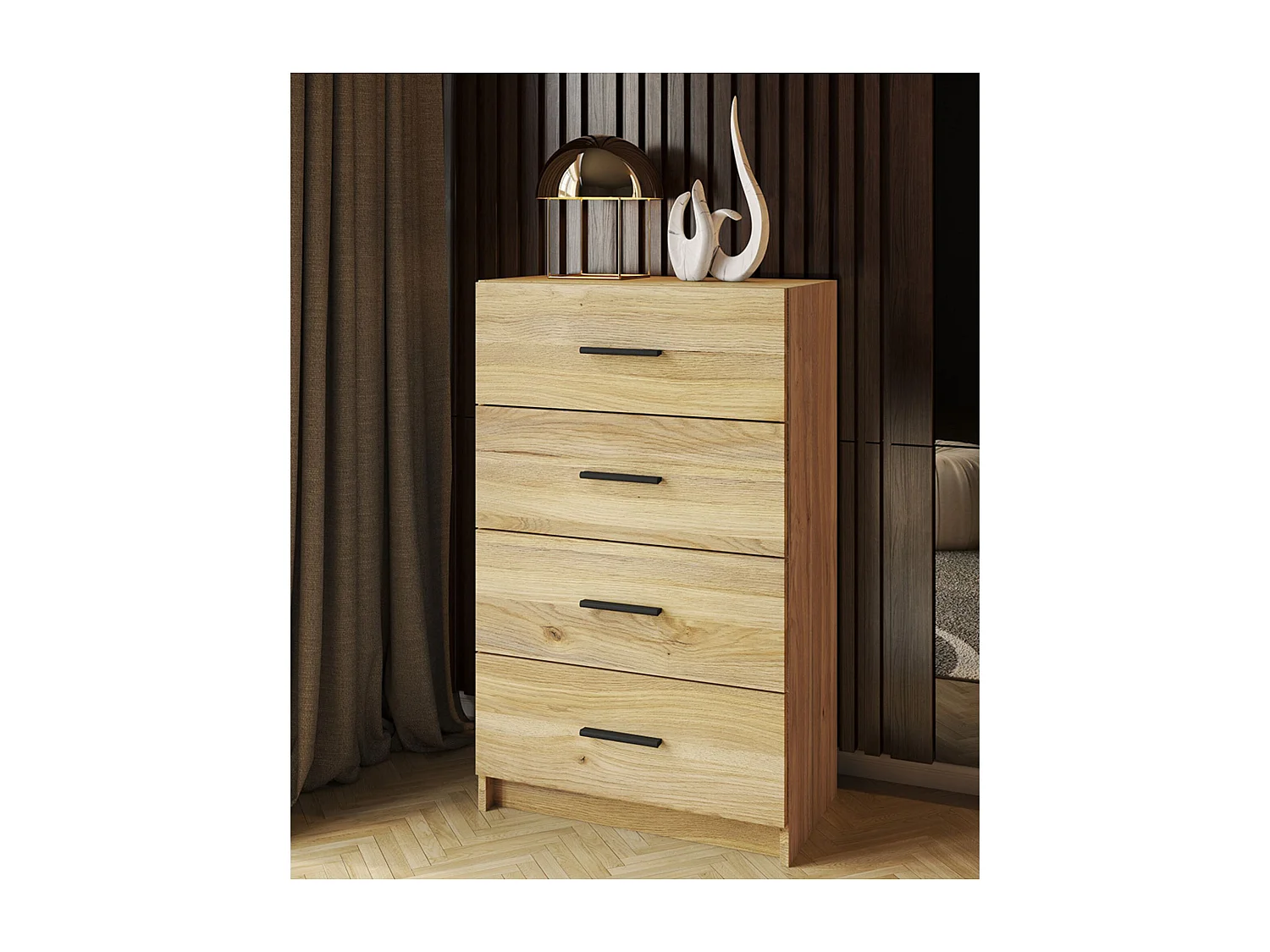 Sinfonier de 4 Cajones para Dormitorio, Acabado en Mauvella y Negro, Medidas: 60 cm (Largo) x 100 cm (Alto) x 34,4 cm (Fondo)