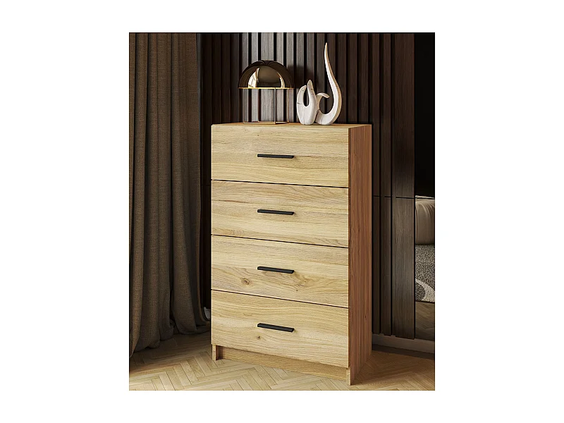 Sinfonier de 4 Cajones para Dormitorio, Acabado en Mauvella y Negro, Medidas: 60 cm (Largo) x 100 cm (Alto) x 34,4 cm (Fondo)