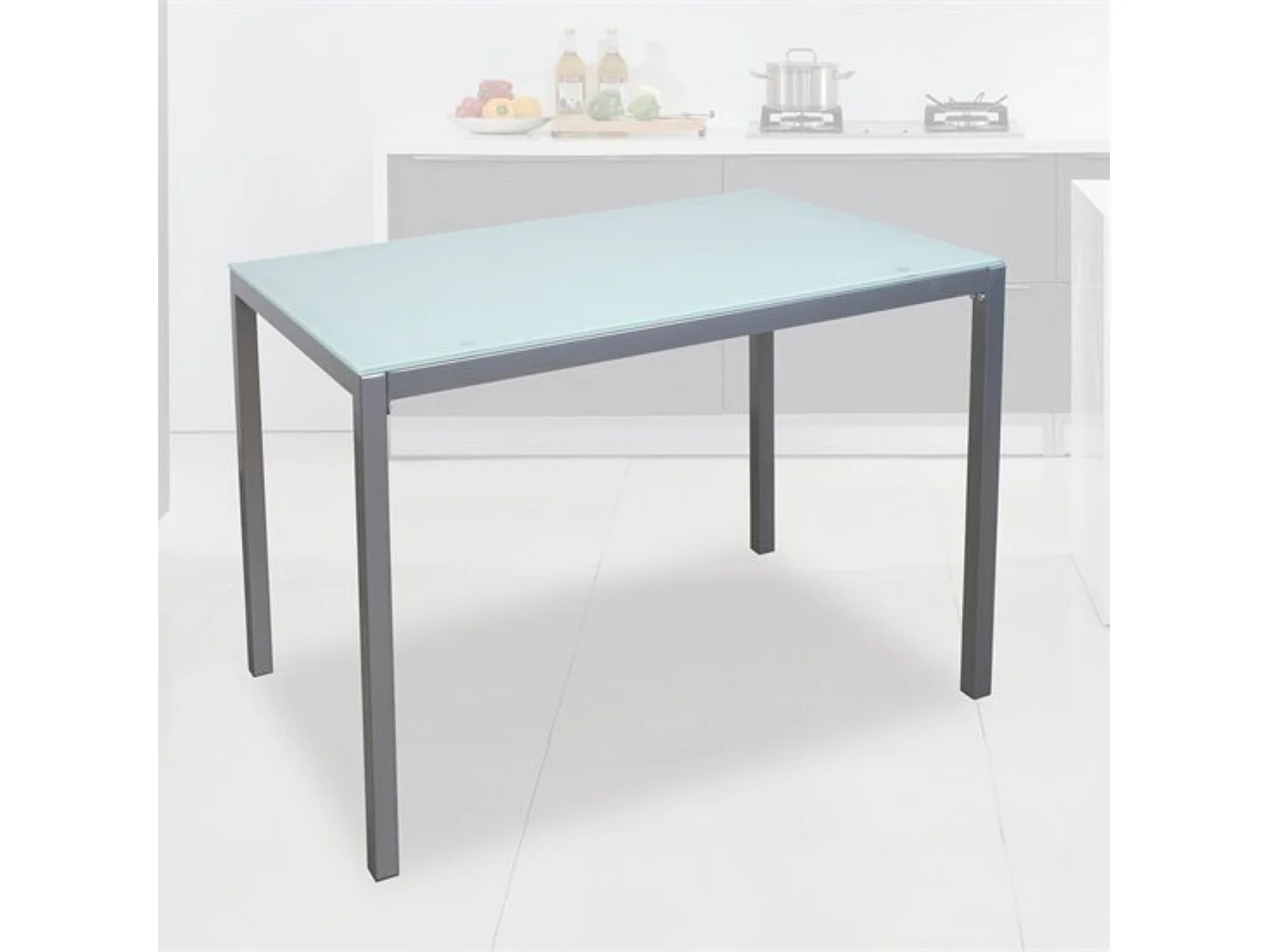 Mesa Fija para Cocina con Estructura de Acero Pintado Color Aluminio y Tapa de Cristal Templado Blanco - Medidas 110x70x75 cm