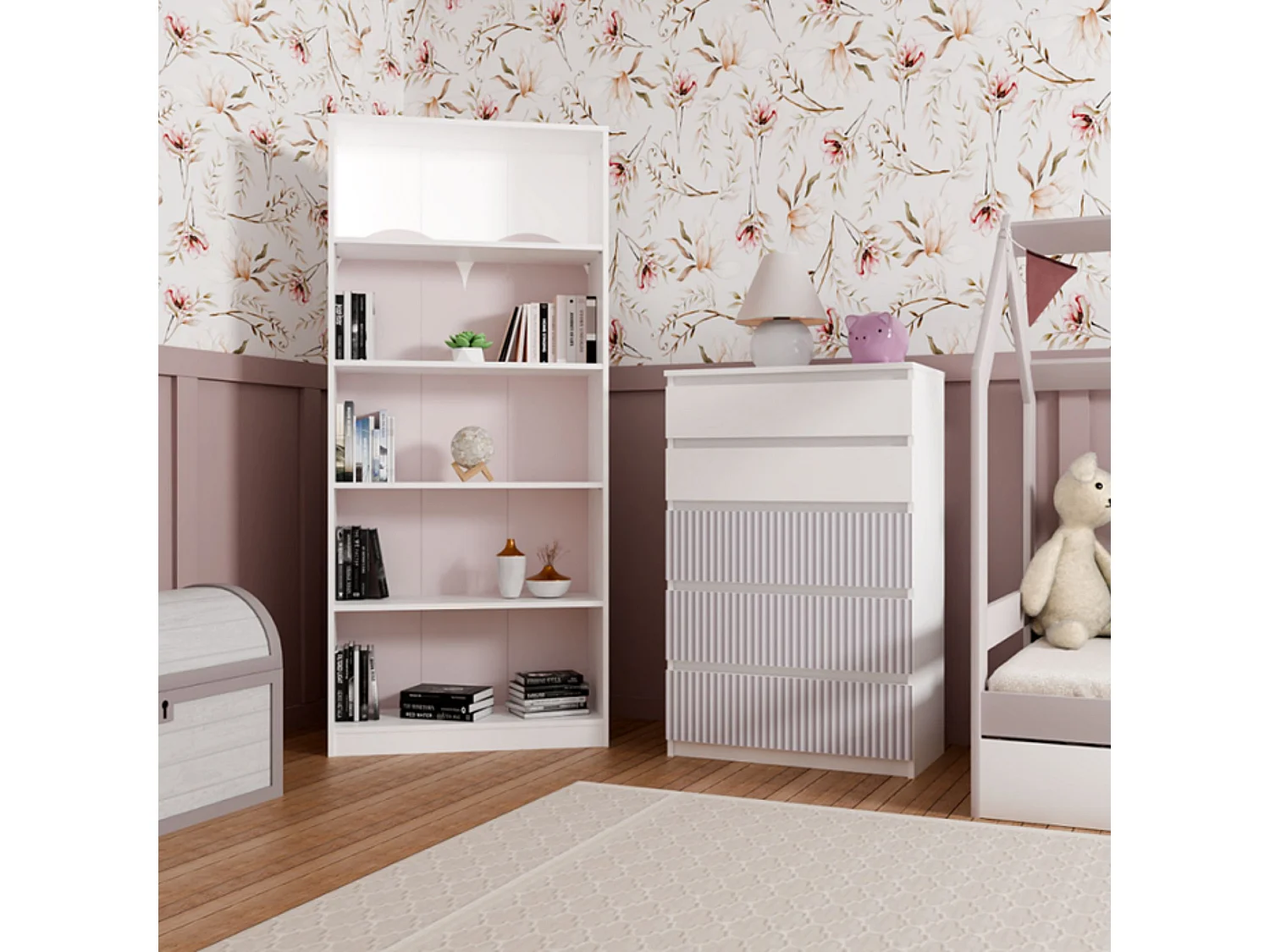 Cómoda de Dormitorio Moderna 70x109,5x40 cm – 5 Cajones con Guías Suaves – Color Blanco Estampado Rosa