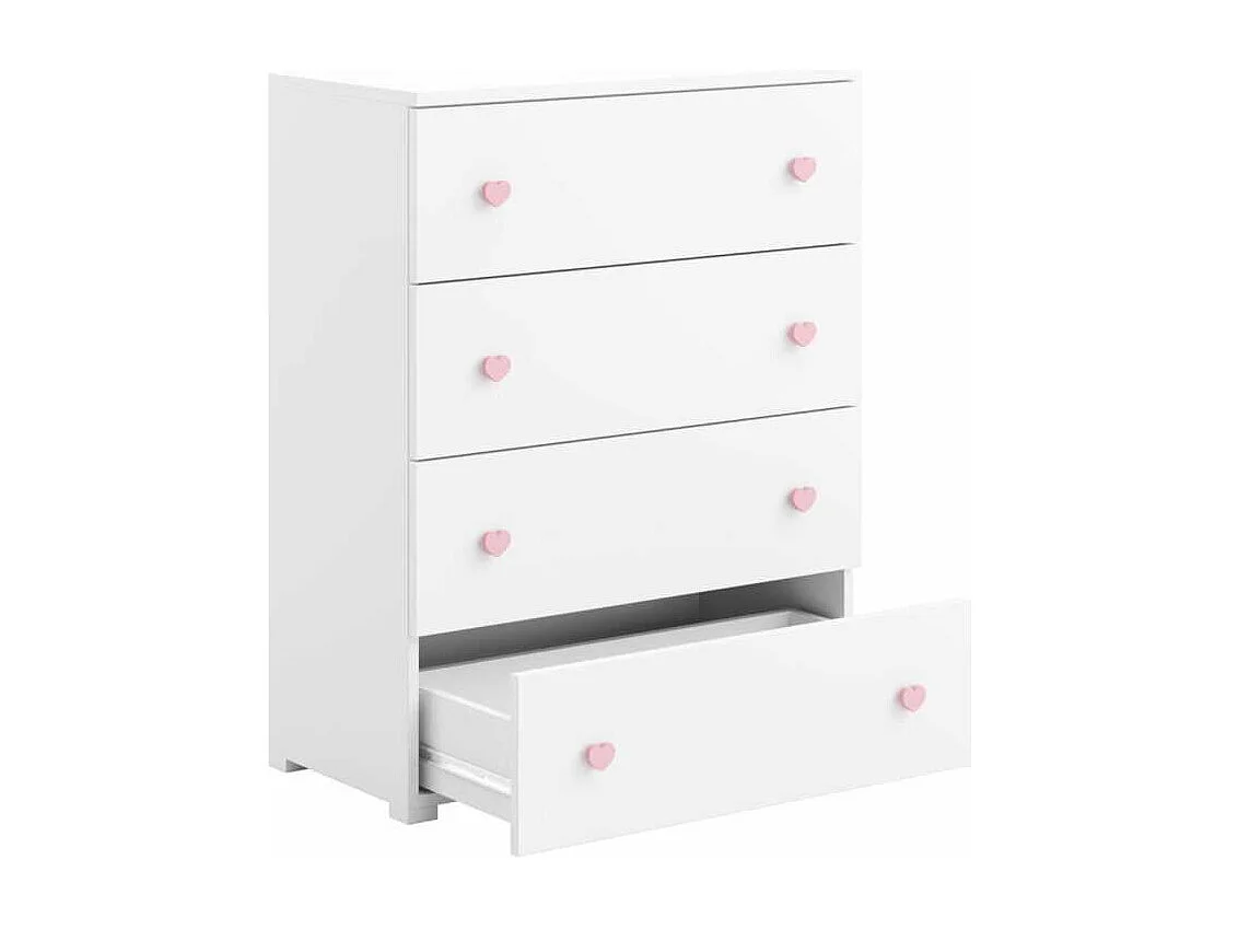 Cómoda Blanca Infantil con 4 Cajones y Tiradores Rosa – 80x40x102 cm, Estilo Moderno para Dormitorio, Tablero de Alta Calidad 18 mm