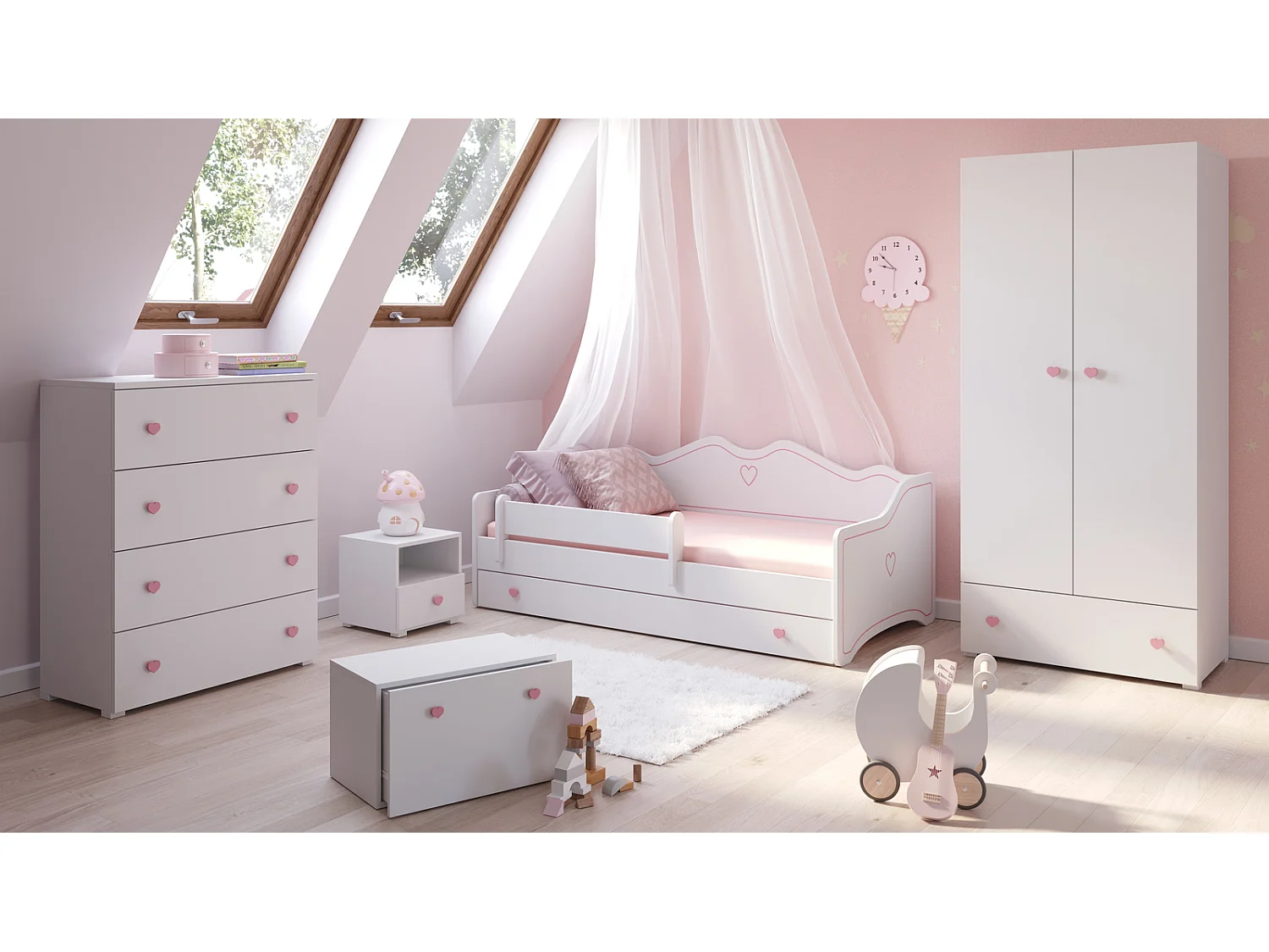 Cómoda Blanca Infantil con 4 Cajones y Tiradores Rosa – 80x40x102 cm, Estilo Moderno para Dormitorio, Tablero de Alta Calidad 18 mm