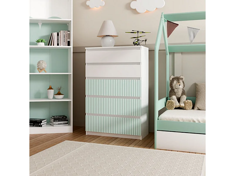 Cómoda de Dormitorio Moderna 70x109,5x40 cm – 5 Cajones con Guías Suaves – Color Blanco Estampado Verde