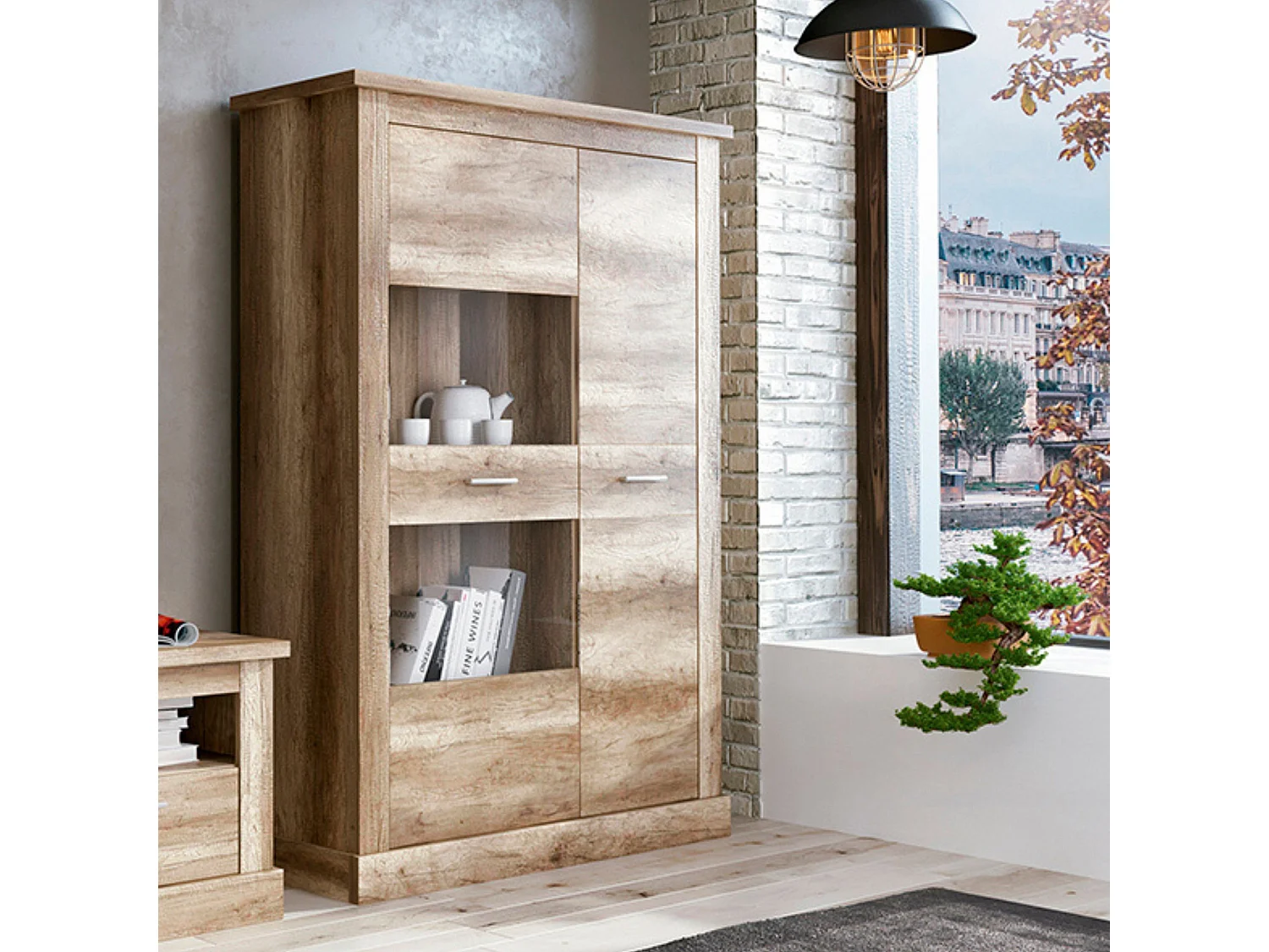 Mueble Vitrina 2 Puertas - Armario Auxiliar Comedor - Acabado Color Cañón - Medidas: Ancho: 125 cm x Fondo: 41,8 cm x Alto: 174,7 cm