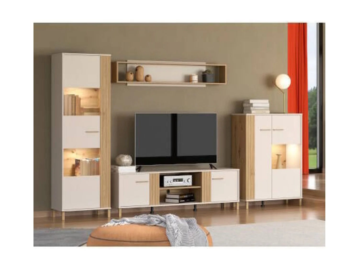 Vitrina Alta en Melamina Color Cashmere y Roble Artisan con 1 Puerta Acristalada - Medidas 59,5x40x192,5 cm