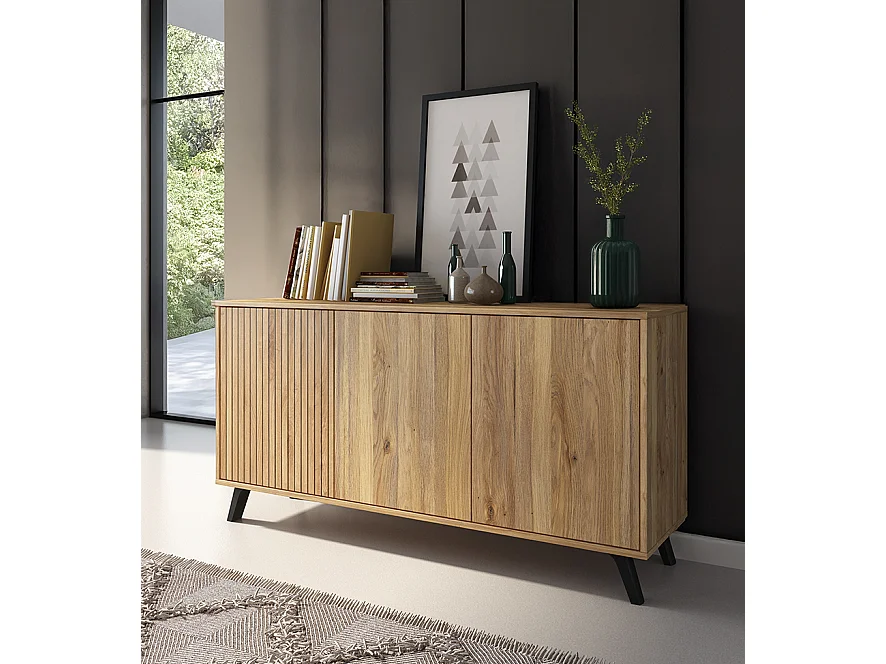 Meyvaser Aparador, Buffet, Salón Comedor 3 Puertas, Armario Auxiliar Color Mauvella-rayas, Medidas: 138 cm x 70 x 39,5.