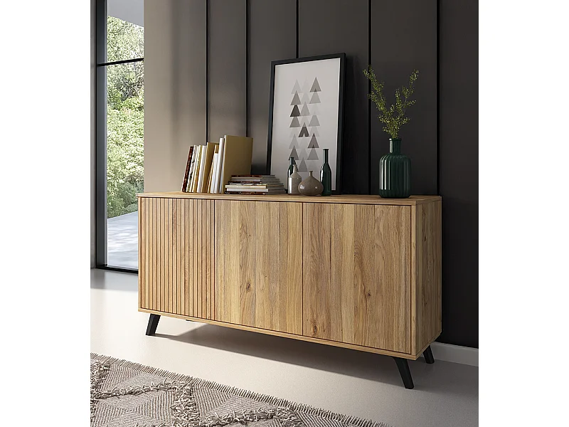 Meyvaser Aparador, Buffet, Salón Comedor 3 Puertas, Armario Auxiliar Color Mauvella-rayas, Medidas: 138 cm x 70 x 39,5.