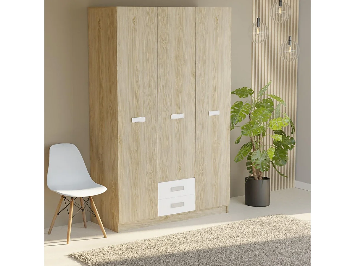 Armario Puccini  -Andersen, 3 Puertas, Altillo y 2 Cajones, Perfecto para Dormitorios Matrimoniales e Infantiles, Madera, 130x207,6x50 cm.