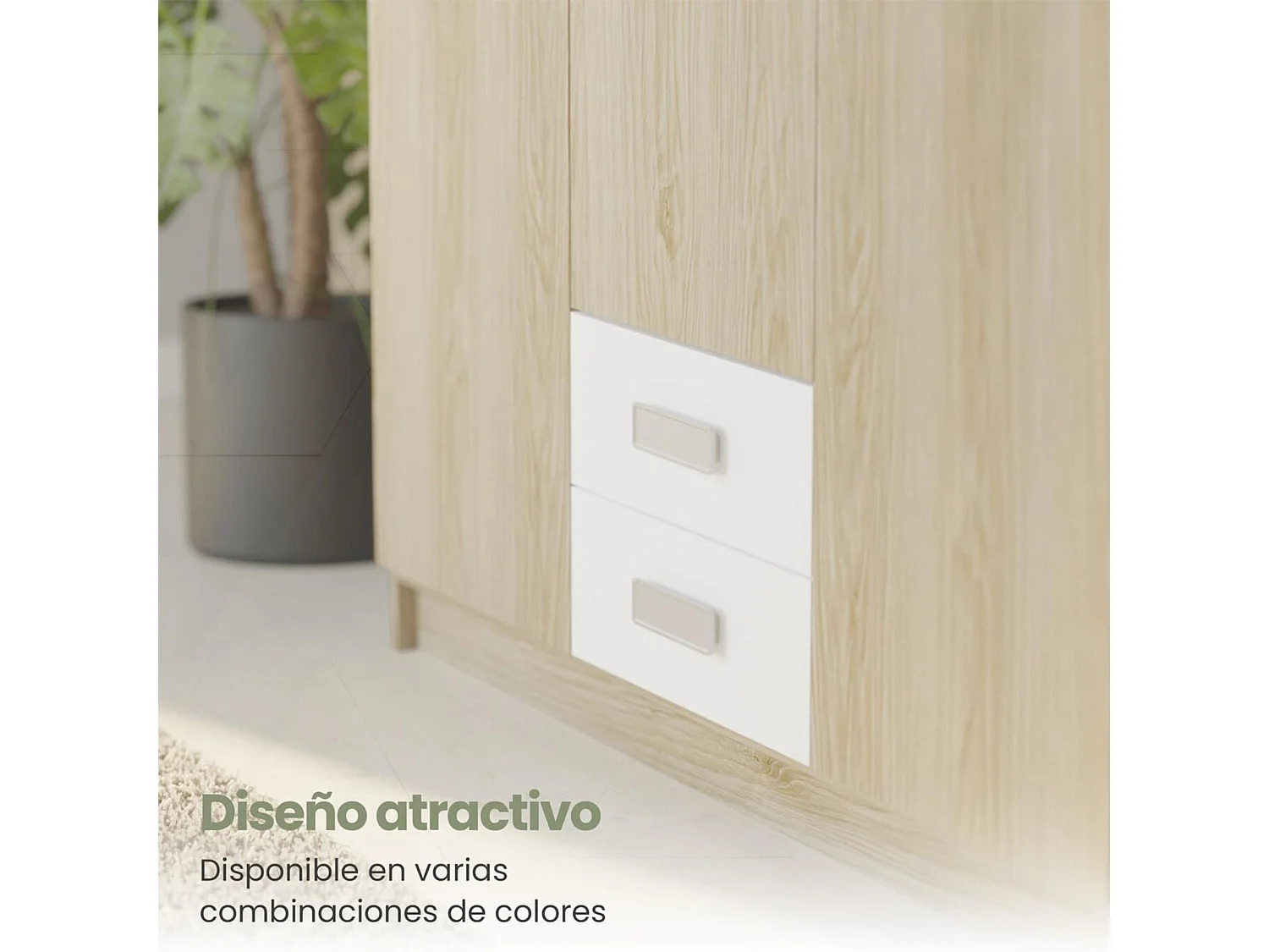 Armario Puccini  -Andersen, 3 Puertas, Altillo y 2 Cajones, Perfecto para Dormitorios Matrimoniales e Infantiles, Madera, 130x207,6x50 cm.