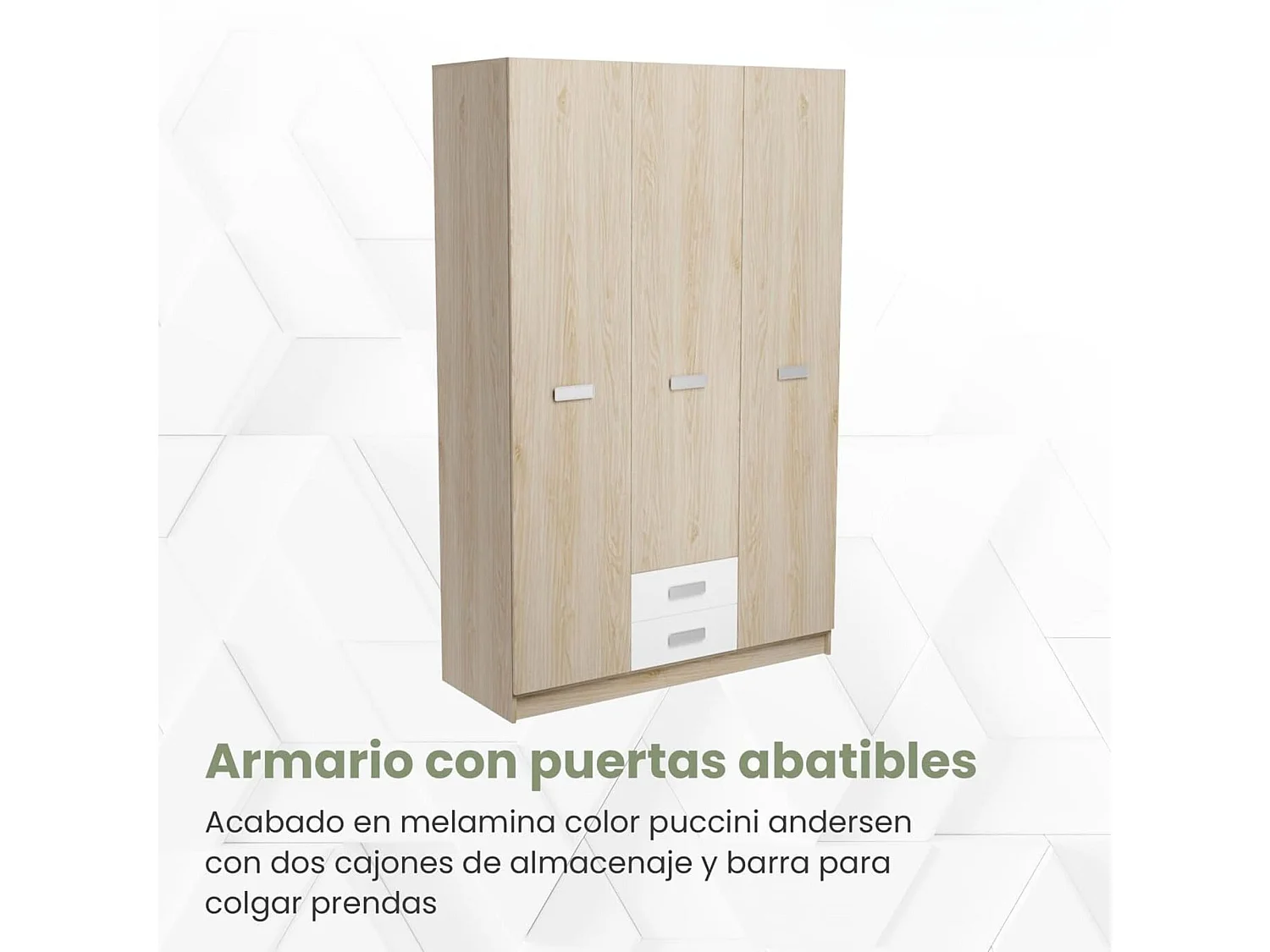 Armario Puccini  -Andersen, 3 Puertas, Altillo y 2 Cajones, Perfecto para Dormitorios Matrimoniales e Infantiles, Madera, 130x207,6x50 cm.