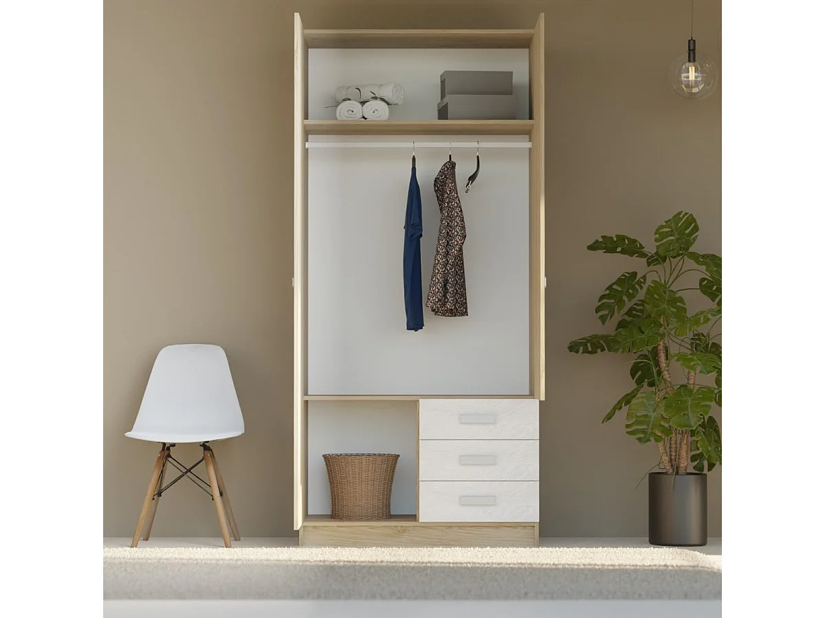 Armario de Madera con 2 Puertas, Altillo y 3 Cajones – Puccini  -Andersen, Perfecto para Dormitorios Matrimoniales e Infantiles, 94,8x207,6x50 cm