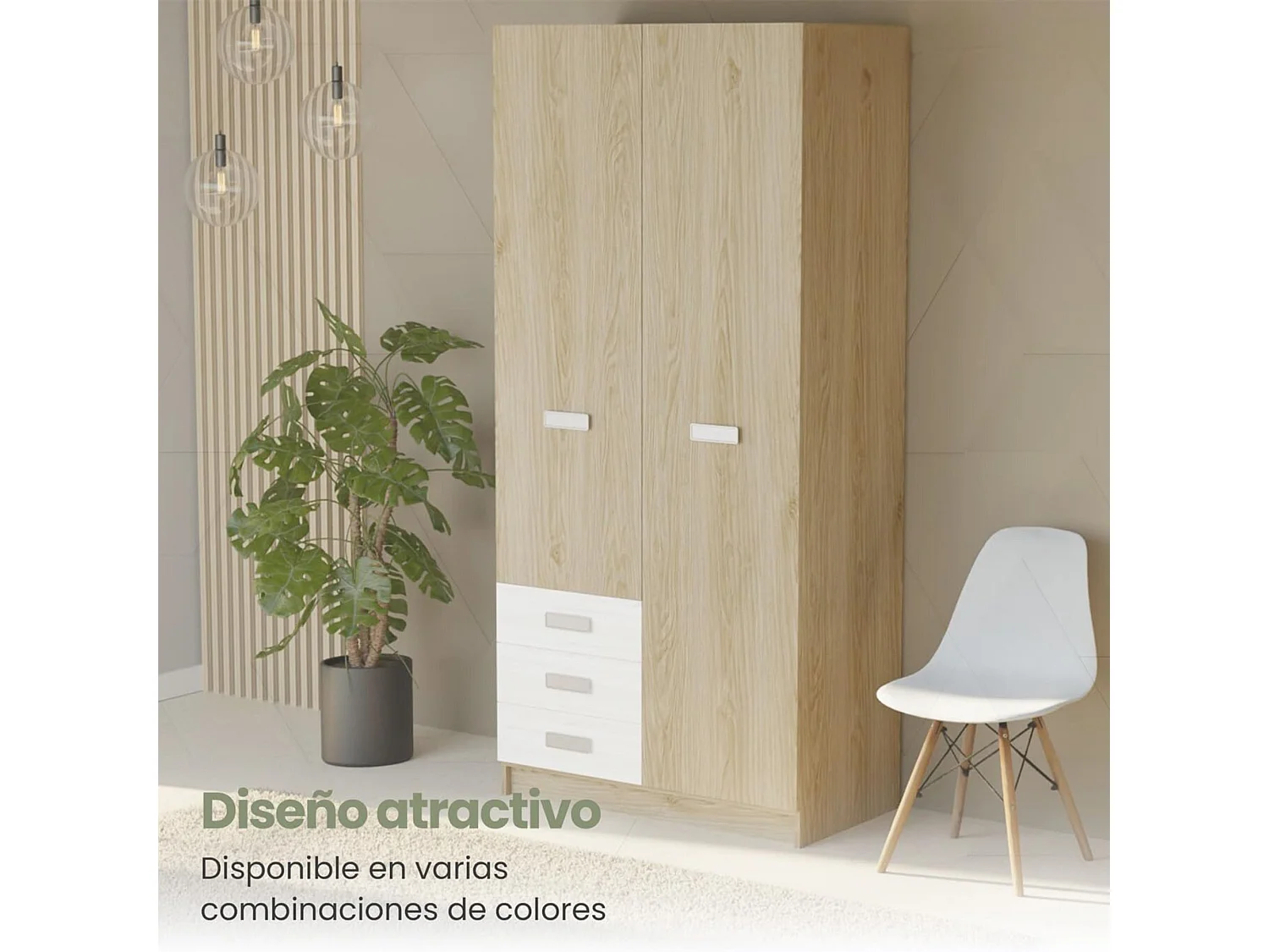 Armario de Madera con 2 Puertas, Altillo y 3 Cajones – Puccini  -Andersen, Perfecto para Dormitorios Matrimoniales e Infantiles, 94,8x207,6x50 cm