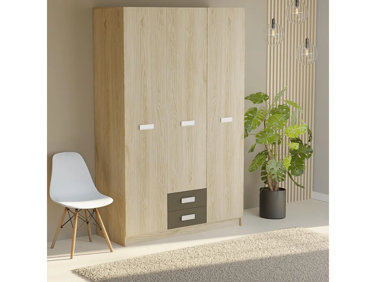 Armario Puccini  -Grafito, 3 Puertas, Altillo y 2 Cajones, Perfecto para Dormitorios Matrimoniales e Infantiles, Madera, 130x207,6x50 cm.