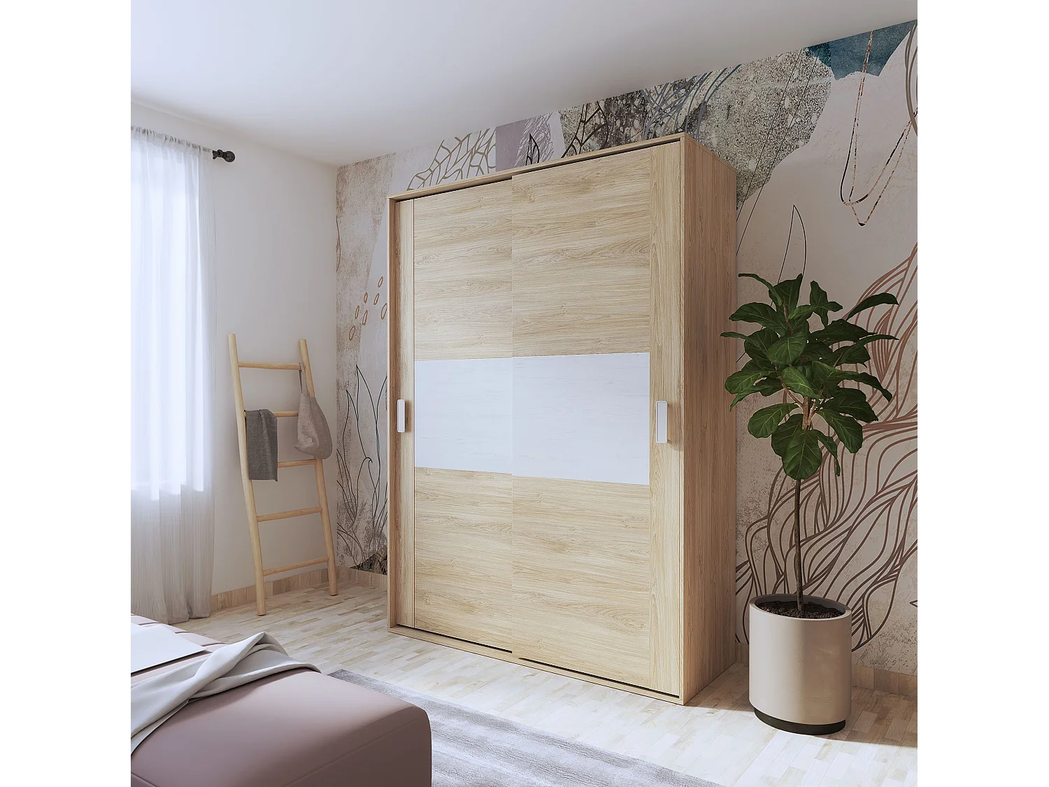 Armario de Madera con 2 Puertas Correderas y Altillo –  Puccini Andersen, Ideal para Dormitorios de Matrimonio e Infantiles, 150x208x55 cm