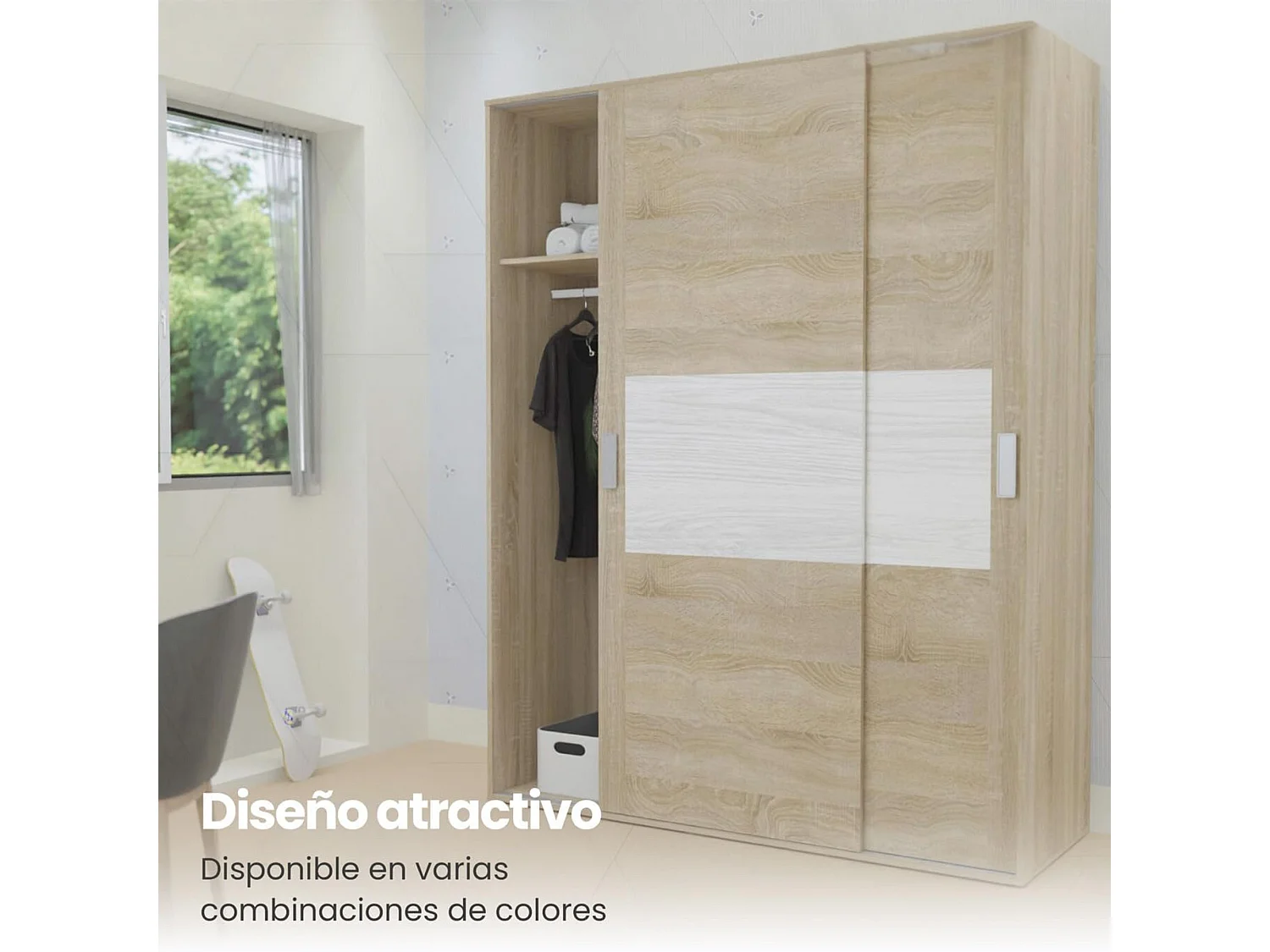 Armario de Madera con 2 Puertas Correderas y Altillo –  Puccini Andersen, Ideal para Dormitorios de Matrimonio e Infantiles, 150x208x55 cm