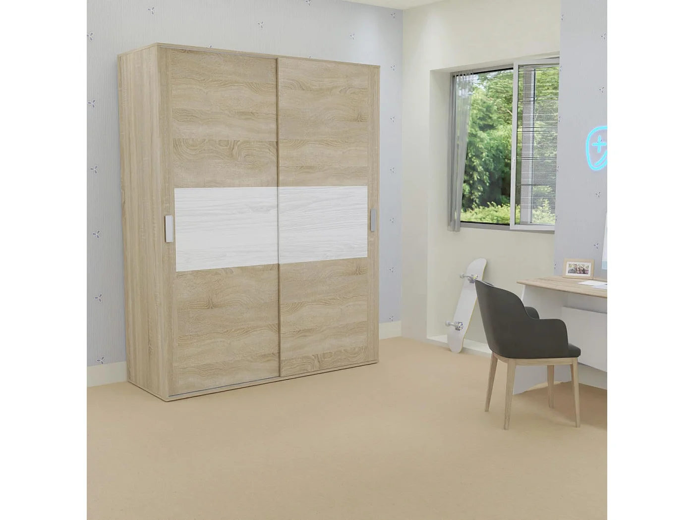 Armario de Madera con 2 Puertas Correderas y Altillo –  Puccini Andersen, Ideal para Dormitorios de Matrimonio e Infantiles, 150x208x55 cm