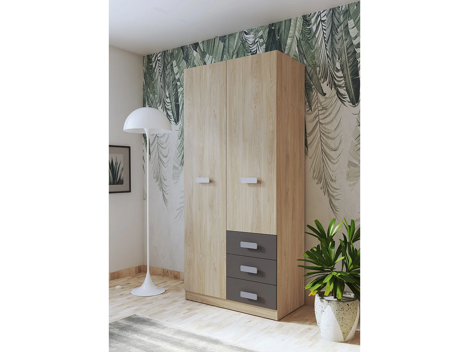 Armario de Madera con 2 Puertas, Altillo y 3 Cajones – Puccini - Grafito, Perfecto para Dormitorios Matrimoniales e Infantiles, 94,8x207,6x50 cm