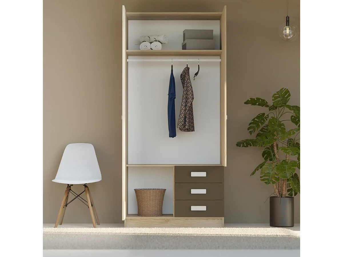 Armario de Madera con 2 Puertas, Altillo y 3 Cajones – Puccini - Grafito, Perfecto para Dormitorios Matrimoniales e Infantiles, 94,8x207,6x50 cm