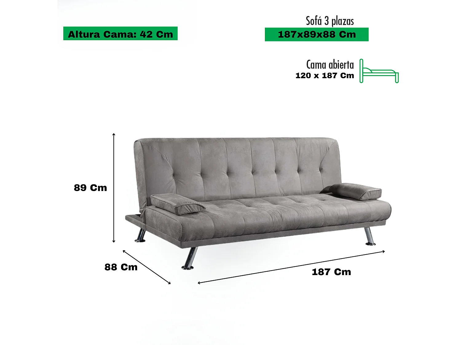 Meyvaser Sofá Cama de 3 Plazas - 187 x 88 x 89 cm - Apertura Clic-Clac - Máximo Relax, Confort y Resistencia - Color Gris