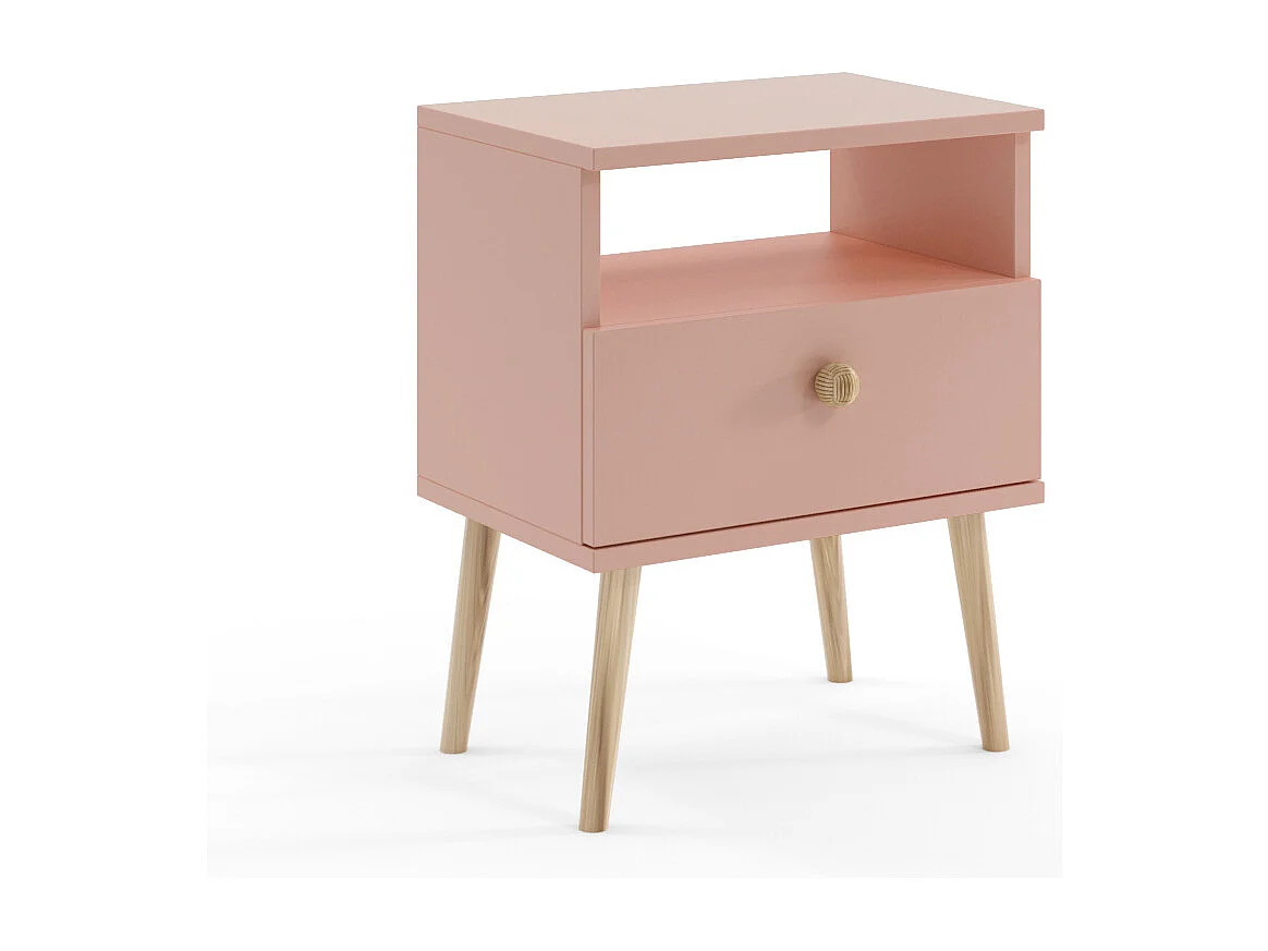 Mesilla de Noche Nórdica – Color Rosa con Patas de Madera – 1 Cajón y Estante Abierto 44x55,5x31 cm