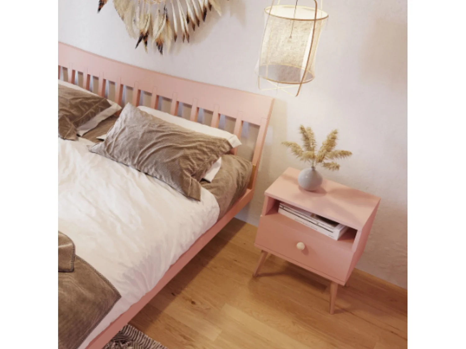 Mesilla de Noche Nórdica – Color Rosa con Patas de Madera – 1 Cajón y Estante Abierto 44x55,5x31 cm