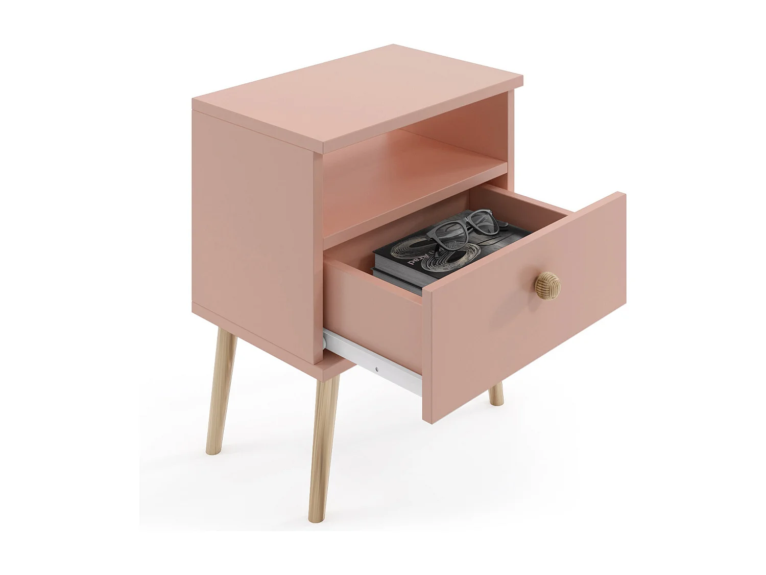 Mesilla de Noche Nórdica – Color Rosa con Patas de Madera – 1 Cajón y Estante Abierto 44x55,5x31 cm