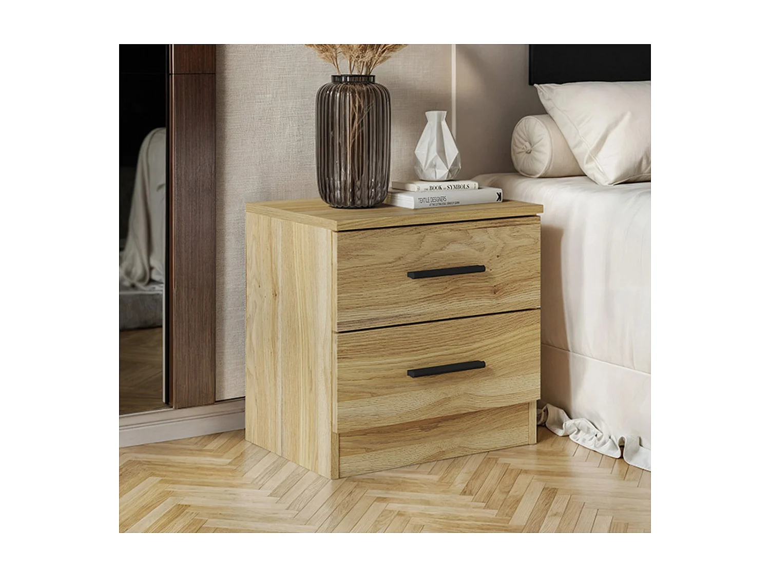 Mesita de Noche 2 cajones, Mesilla de Noche Acabado en Mauvella y Negro, Medidas: 39,6 cm (Largo) x 33,5 cm (Fondo) x 43 cm (Alto)