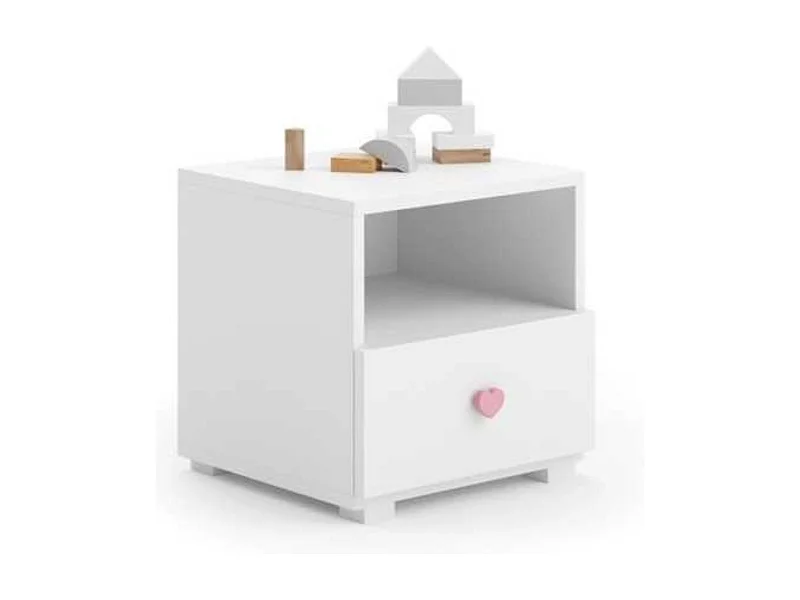 Mesita de Noche Blanco y Tirador Rosa con 1 Cajón y 1 Estante – Diseño Compacto y Moderno, 40,5x37x40 cm, Ideal para Dormitorio