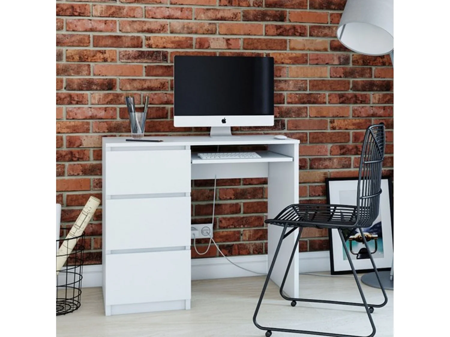 Escritorio Compacto Blanco 98x76x51 cm – 3 Cajones a la Izquierda y Bandeja para Teclado – Ideal para Estudio u Oficina