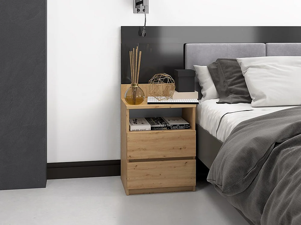 Mesita de Noche 2 Cajones Color Roble artesanal – 40x59x32 cm – Cajones con Guías Suaves – Diseño Elegante y Seguro