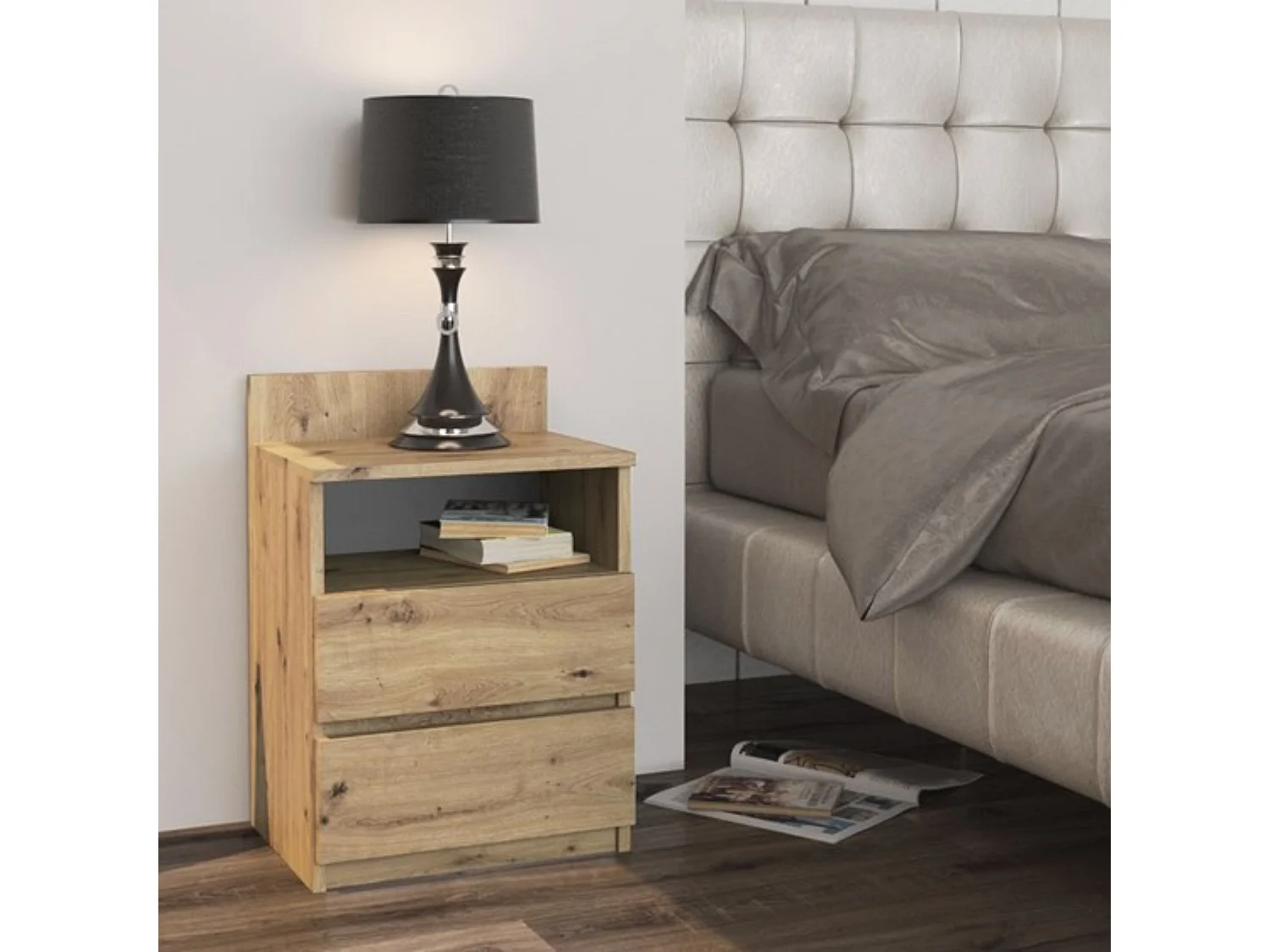 Mesita de Noche 2 Cajones Color Roble artesanal – 40x59x32 cm – Cajones con Guías Suaves – Diseño Elegante y Seguro