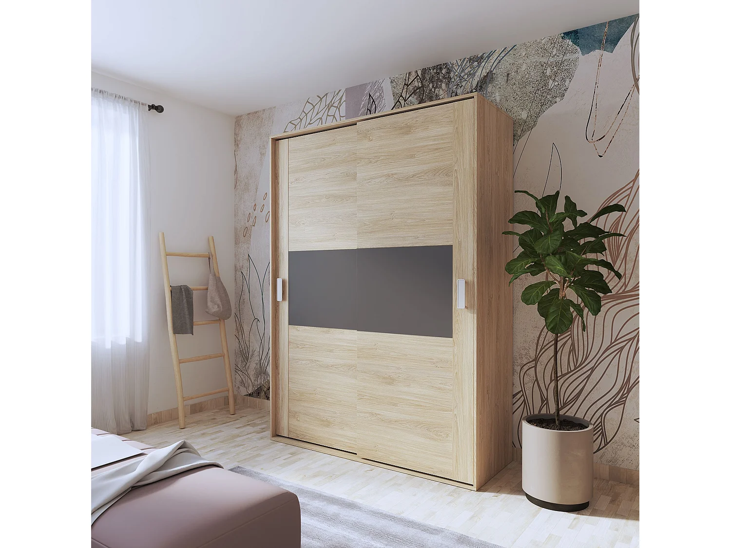 Armario de Madera con 2 Puertas Correderas y Altillo –  Puccini Grafito, Ideal para Dormitorios de Matrimonio e Infantiles, 150x208x55 cm