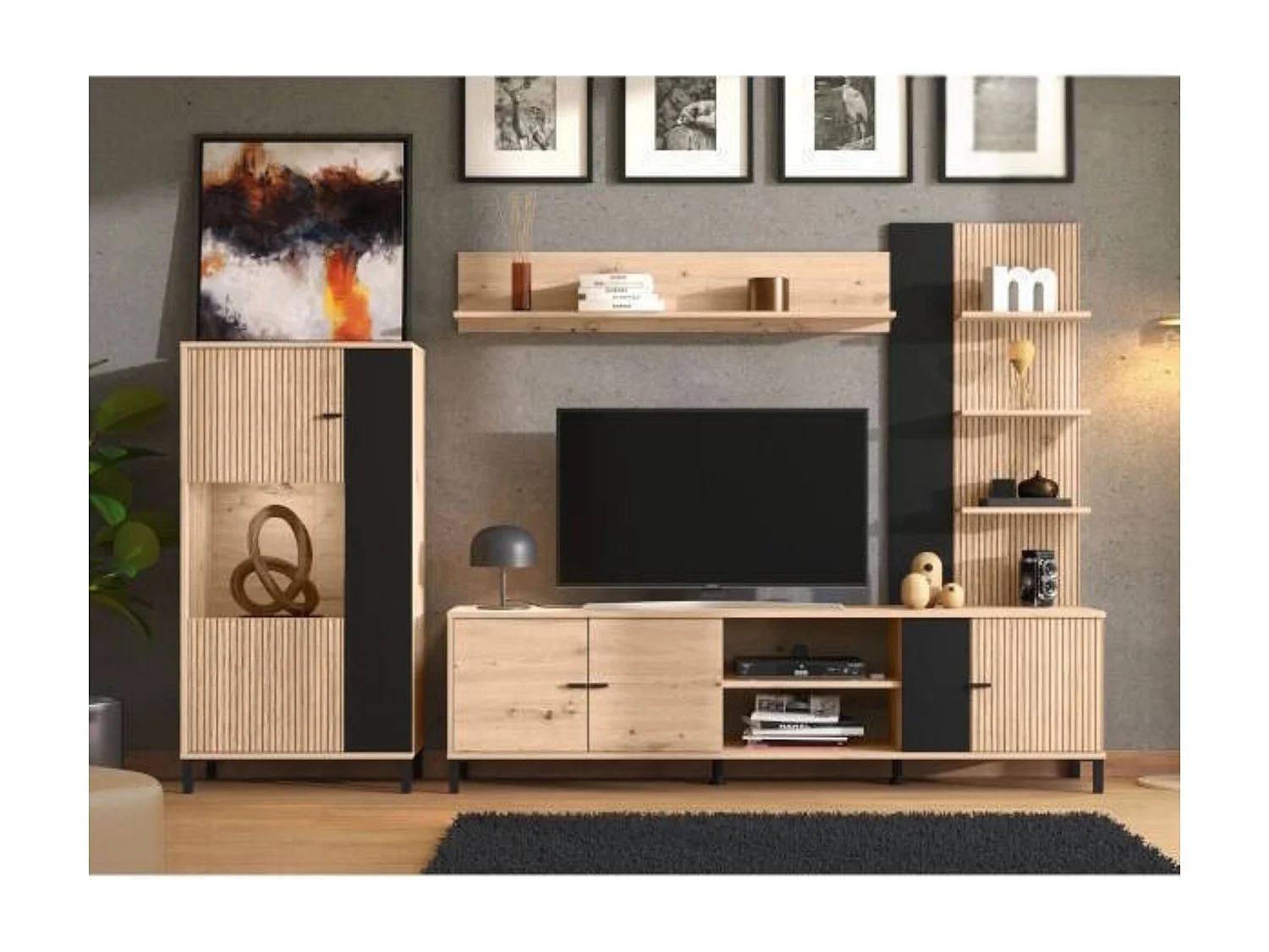 Composición de Salón en Roble Artisan y Negro con Efecto Alistonado- Medidas 263x40x167 cm