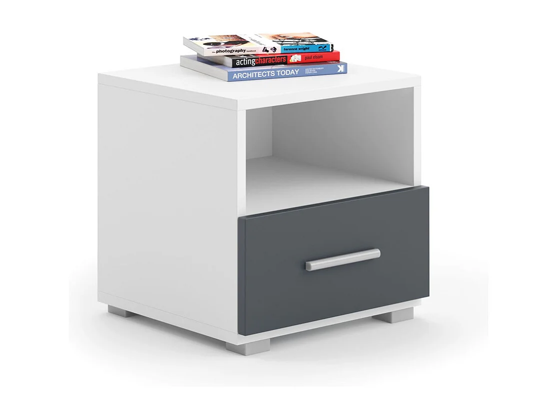 Mesita de Noche Blanco y Gris con 1 Cajón Tirador Metálico y 1 Estante – Diseño Compacto y Moderno, 40,5x37x40 cm, Ideal para Dormitorio
