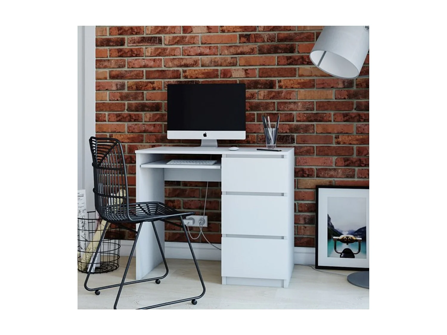 Escritorio Compacto Blanco 98x76x51 cm – 3 Cajones a la Derecha y Bandeja para Teclado – Ideal para Estudio u Oficina